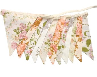 Vintage Bunting Spring Ivory Lace Floral Flags. Shabby Chic . Garden Party Decoration , High Tea / Kitchen Tea Wedding Pennant.