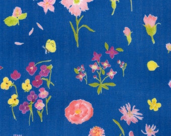 Nani Iro double gauze,Sen ritsu in Embrace, floral on pool blue, by the yard