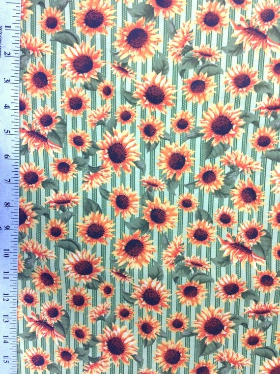 Sunflower fabric by the yard Yellow flowers on Green Stripe