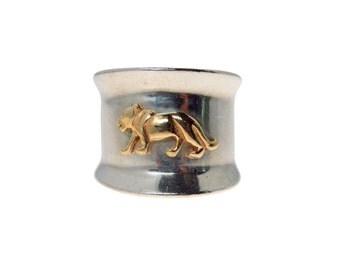 Sterling Silver 14k Gold Panther Ring Extra Wide Band Size 6 | Vintage Panthere Style Sterling and Gold Ring | Vintage Two Tone Panther Ring