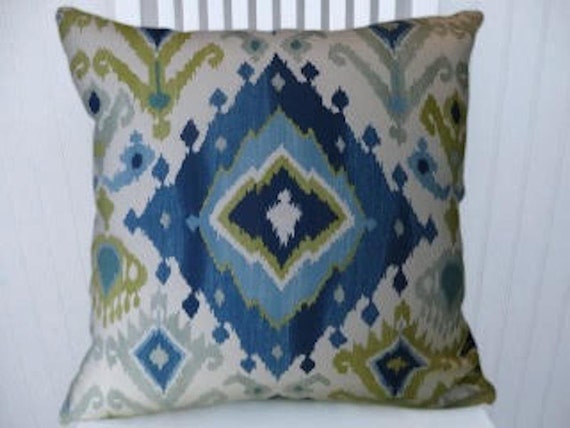 Light Blue Navy Blue Green Ikat Pillow Cover Decorative