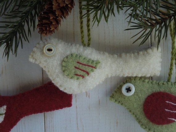 Bird Ornaments Upcycled Felted Sweater Holiday Green