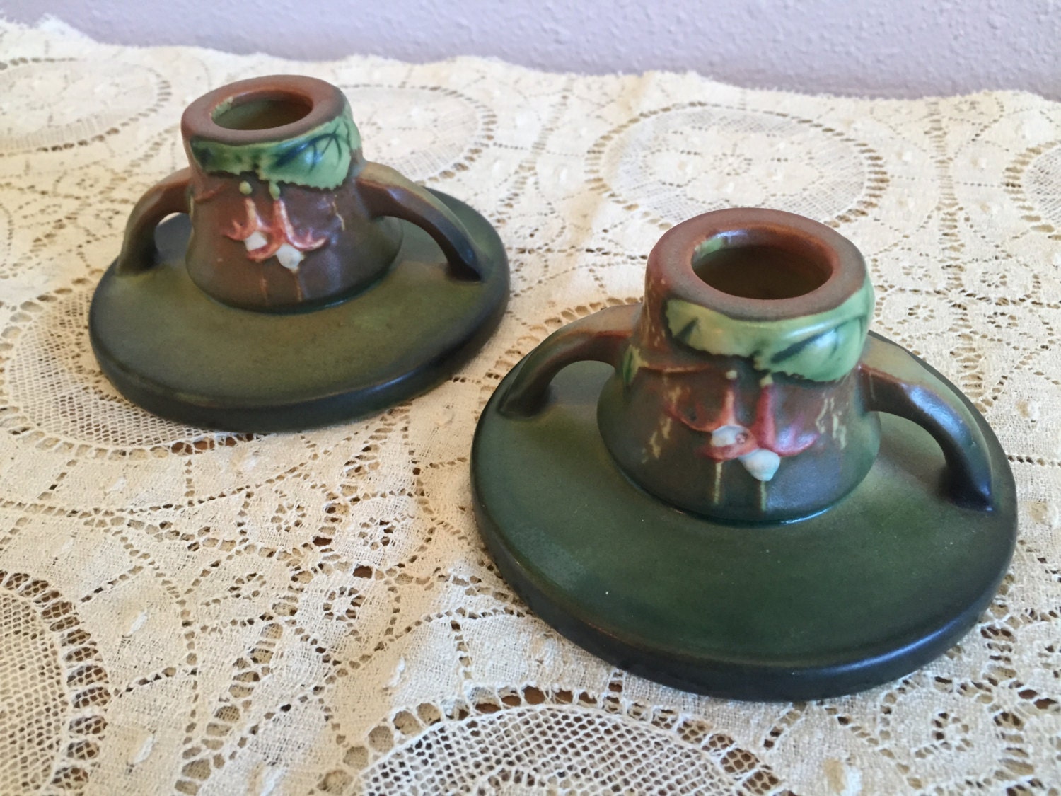 Roseville Fushia Candle Holder Set Pottery Antique