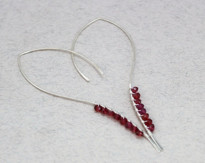 Red Garnet Earrings Thin Hoop Earrings Large Hoop Earrings Minimal Earrings Hook Earrings Simple Earrings Sterling Silver Hoops