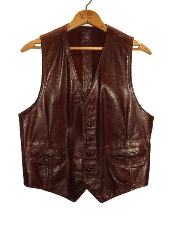 1960s Custom Made Mens Leather Oxblood Vest Wild West Cowboy