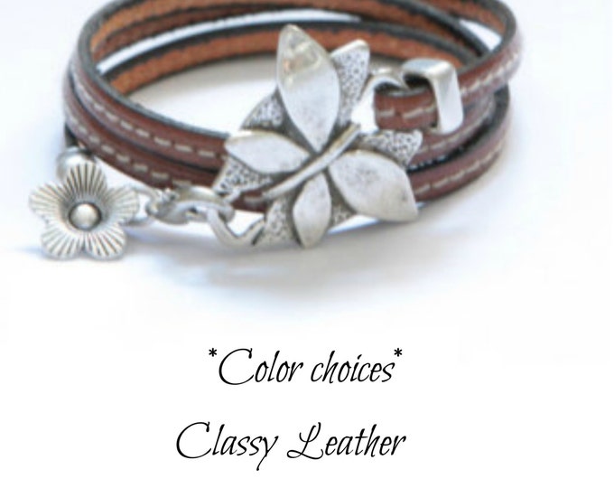 ŵomen butterfly leather wrap bracelet - fashion triple wrap leather bracelet with color choices uno the 50 style