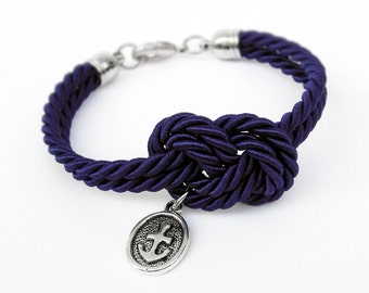 Navy Blue Rope Knot Bracelet with Silver Anchor Charm, Nautical Bracelet, Silk Rope Bracelet, 12 Colors available
