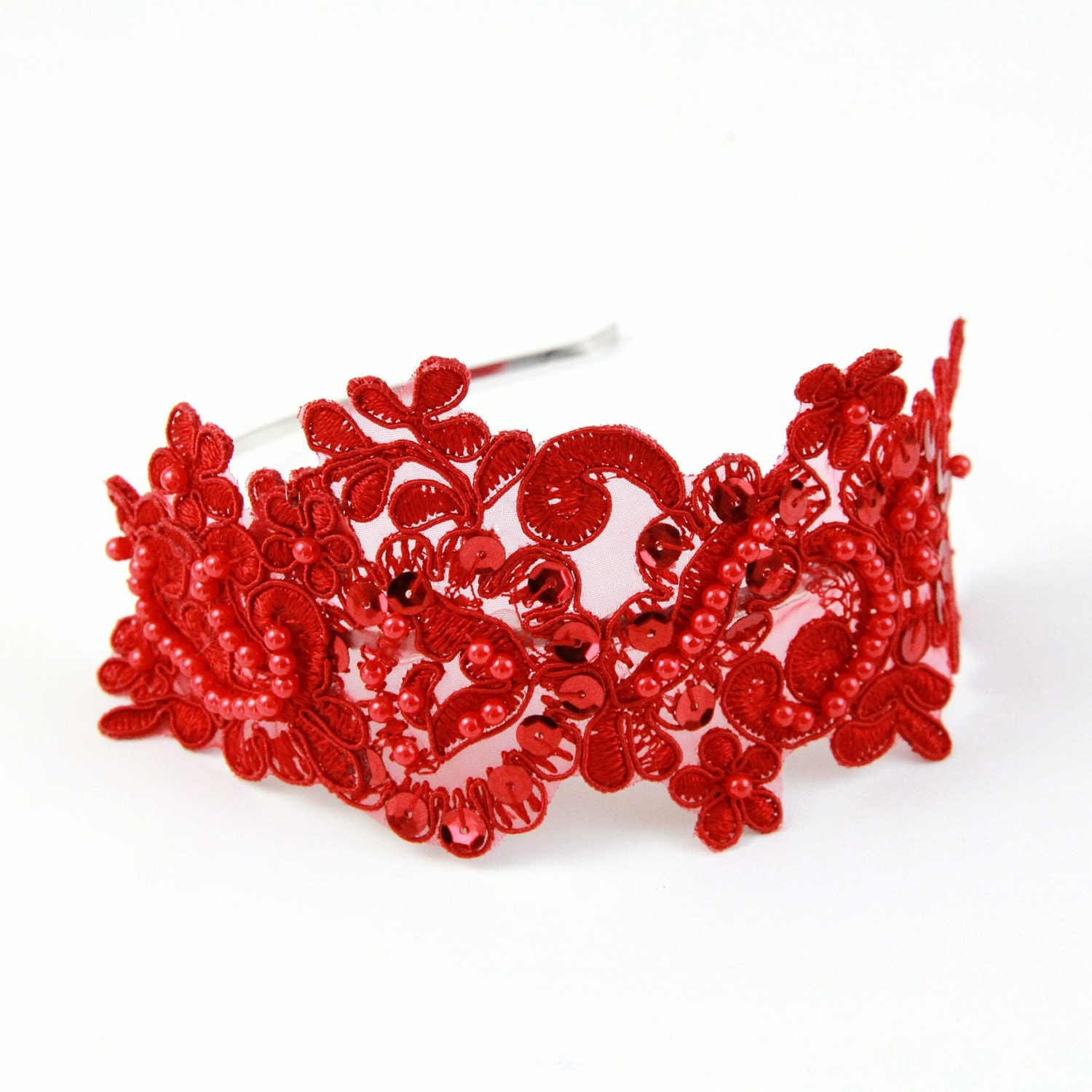 Red Beaded Lace Headband Bridal Red Headband by lovelikestyle