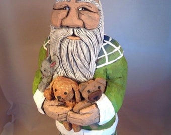 Hand Carved Wood Animal Hugs Santa