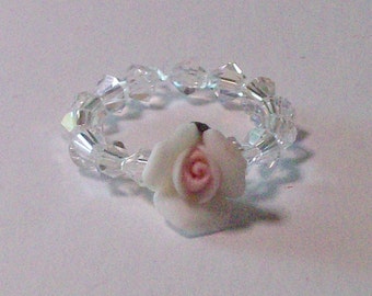 Porcelain flower crystal ring, 4 mm crystals stretch ring, Free standard USA shipping only #R1097
