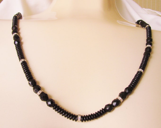 Vintage Black Faceted Glass Bead Rhinestone Necklace / Jewelry / 30 Inces Long / Jewelry / Jewellery