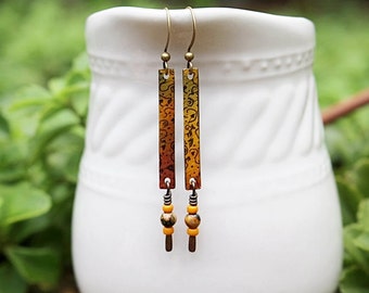 Mixed Media Earrings, Mixed Media Jewelry, Orange, Yellow Bead Earrings, Long Earrings, Recycled, Bohemian, Gemstone, Yellow Earrings