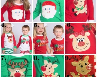 Christmas pajamas for family top and pants sets Reindeer or Santa applique green red & white stripes baby toddler kids monogrammed PJs IN ST