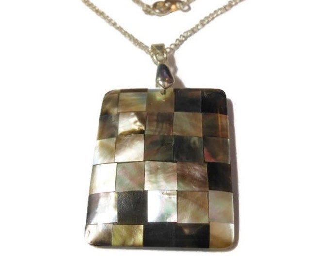 FREE SHIPPING Checkered pendant necklace, black lip mother of pearl shell and resin drop, silver plated delicate chain & bail, beach wear