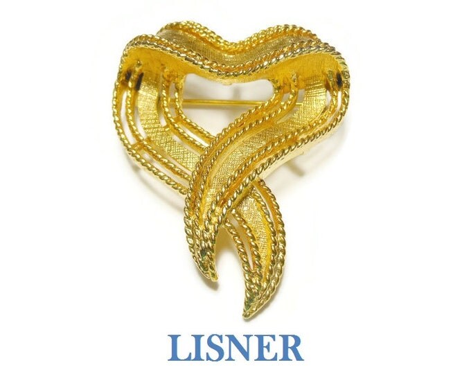 Lisner heart brooch, brushed gold tone, heart pin, heart with rope border, dimensional textured, signed designer, figural ribbon heart
