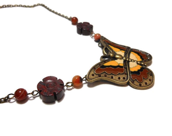 FREE SHIPPING Butterfly necklace handmade, enamel in vintage bronze, semi precious beads of brecciated jasper floral and black red agate