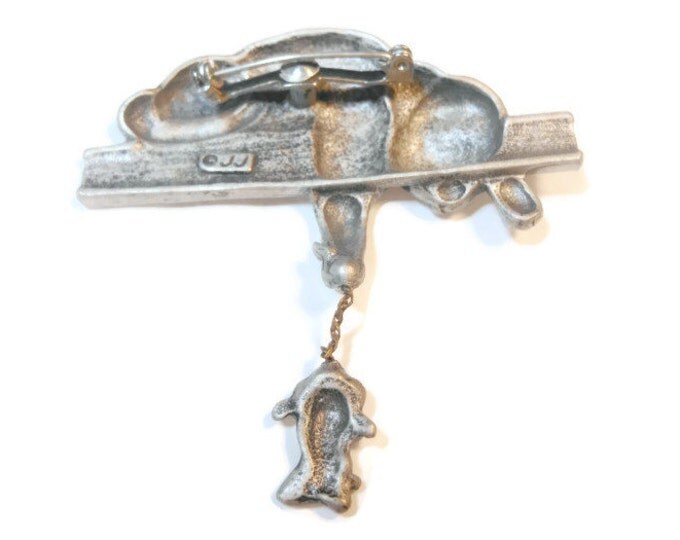 FREE SHIPPING JJ pewter brooch bored cat on shelf playing with an indignant mouse, pewter signed, Jonette jewelry company, kitty kitten, pin