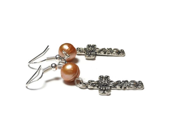 Sterling cross earrings, handmade sterling silver cross and a peach cultured pearl on sterling french hooks, cross pierced dangle earrings.