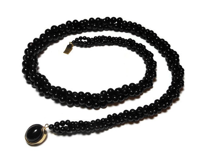 Black torsade necklace, 1960s black three strand faux pearl, twisted black cabochon clasp.