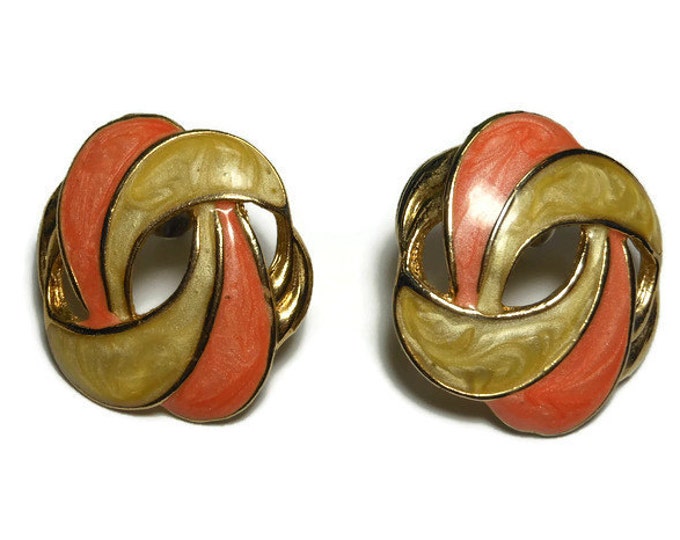 Peach enamel earrings, iridescent peach and cream swirl pierced earrings goldtone.