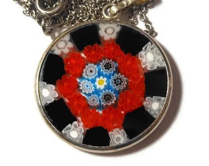 FREE SHIPPING Millefiori glass pendant, 25mm round red, black, blue, yellow white disc on sterling silver chain marked 925 Italy on bail