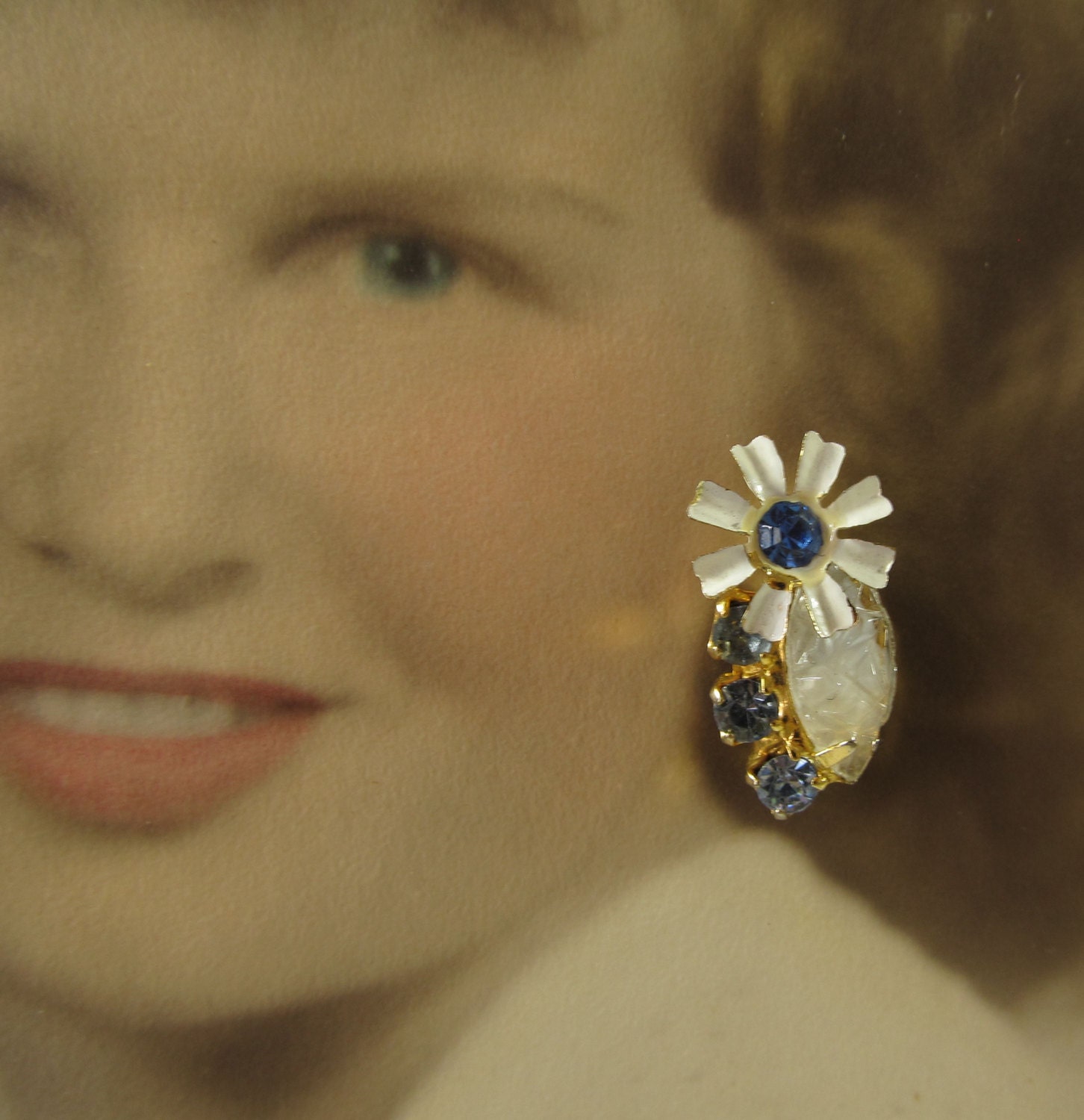 Vintage PIERCED Daisy Earrings with Blue Rhinestones 1960s