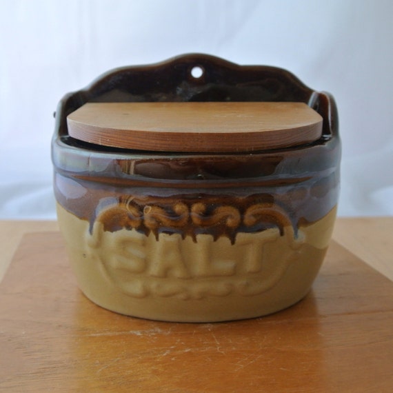 Vintage Ceramic Pottery Salt Canister with Wooden Lid / Salt