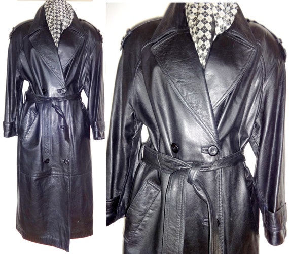 DANIER LEATHER Womens Large Trench Coat Long by ValsValueVintage
