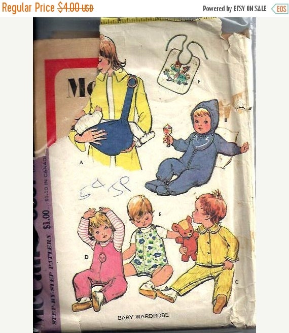 ON SALE VTG 1970's Baby Wardrobe Pattern, Sling Carrier, Bibs, Snowsuit, Overalls, Mccall's 3357, 6 Months