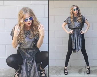 Vintage 80s Silver Metallic Holiday Party Mini Dress Flutter sleeve XS S