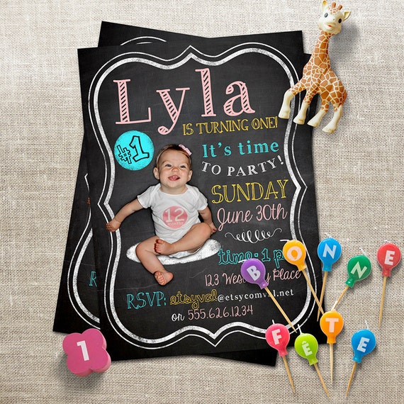 First Birthday Invitations - Childrens Milestone Birthday - Blackboard, Chalkboard, PHOTO - Custom, Digital, Printable Designs Il_570xn