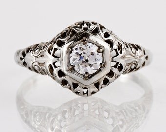Antique Engagement Ring - Antique Edwardian 18K White Gold Filigree Diamond Engagement Ring