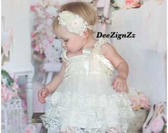Petti-Lace-Rustic-Dress-Baby-Ivory-Girls -Ruffles-Posh-1st Birthday-Outfit-Baby Outfit-Baptism-Christening-Country-Barn-Wedding