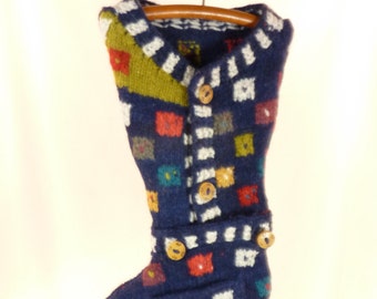 Christmas Stocking Felt Felted Wool Ecuador Hand Knit OOAK Galapagos Islands Ethnic Folk Hearts Navy Blue Patterned Recycled Repurposed 692