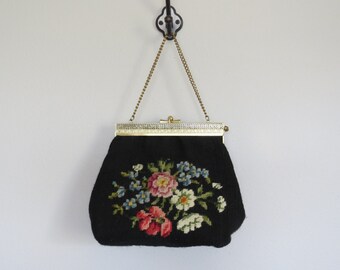 50s needlepoint purse / vintage carpet bag / vintage needlepoint bag