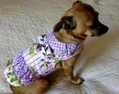 Cotton Dress for Small Dog Purple, Leaf Green, Lavender & White Roses and Stripes, with Collar, Ruffle and Trim - Custom to Fit