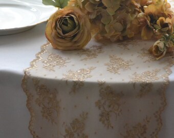 Champagne GOLD LACE Table runner 10" Wide 3FT -12FT length/Cut Lace not hemmed/Rustic Wedding / Rustic Elegance/Champagne Gold/Free Sample