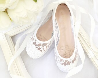White Crochet GIRLS SHOES -Flower Girl Shoes - Lace up Ballet Flats
