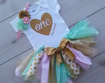 Personalized Tutu Set 1st Birthday - First Birthday Tutu - Mint and Gold Tutu - Gold Glitter Bodysuit - Gold Glitter Baby Girl Tutu
