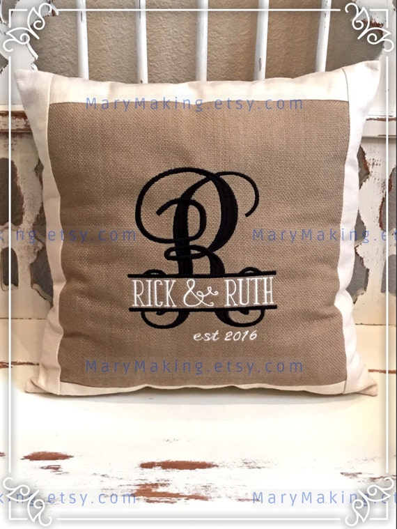 Items similar to Burlap Monogrammed Couples Wedding Pillow, Anniversary
