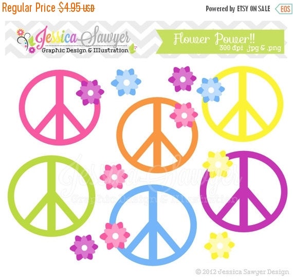 80% OFF - INSTANT DOWNLOAD, flower power clip art - peace sign clipart - hippie graphic - hippy image - commercial use - card design Il_570xn