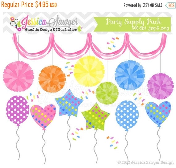 80% OFF - INSTANT DOWNLOAD, party clipart, pom pom clip art, balloon graphic, for commercial use, greeting cards, invitations, scrapbooking Il_570xn