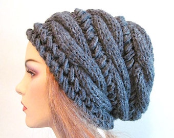 Slouchy Beanie Slouch Hats Oversized Baggy cabled hat womens accessory Charcoal Grey Hand Made Knit