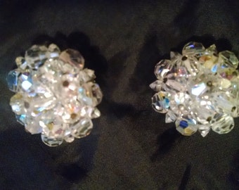 Vintage Crystal Cluster Earrings, 50s Clip-on Earrings