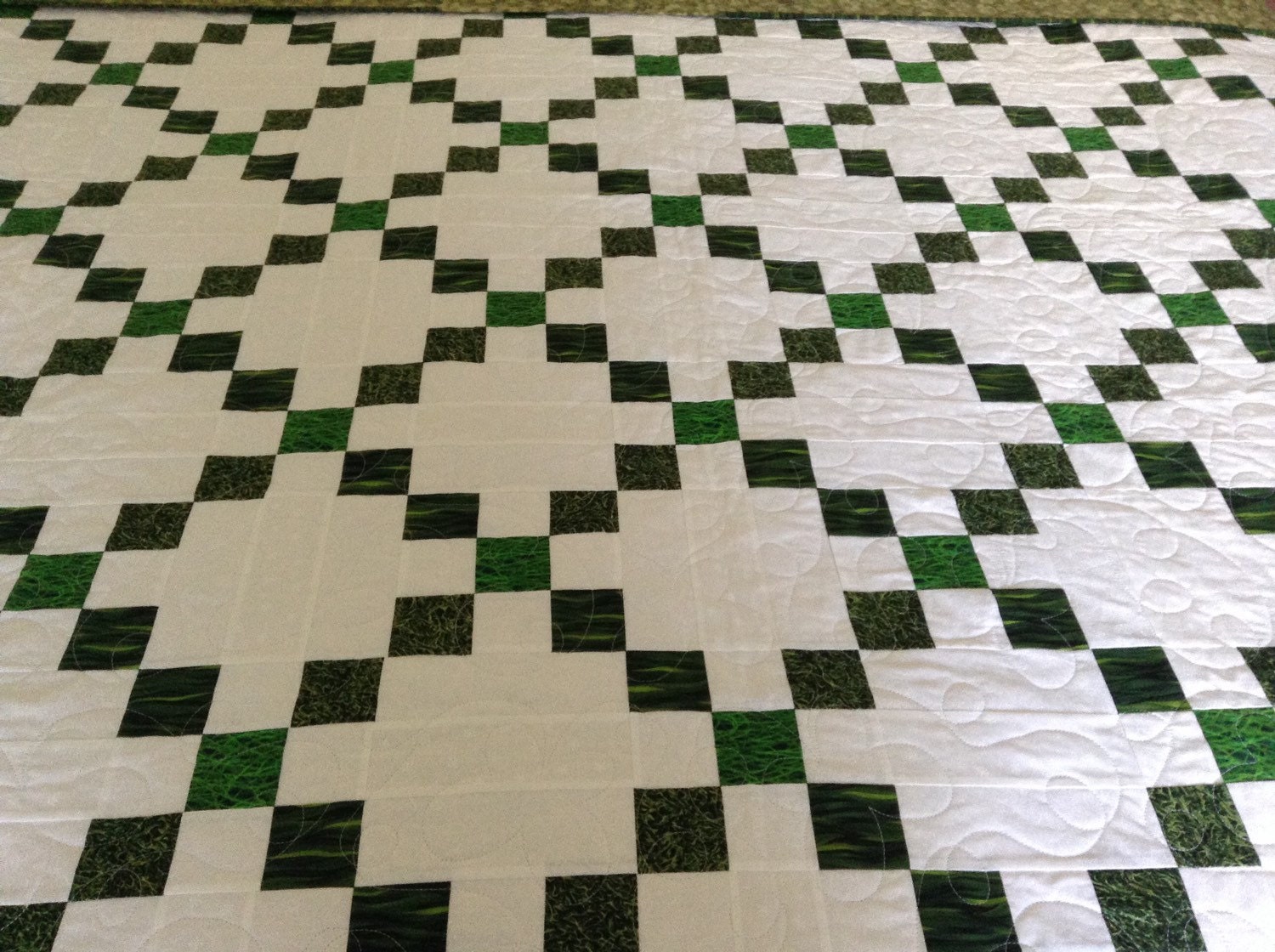 Quilt Queen Size Irish Chain Green White Celtic by RaggedyPam