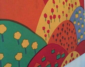 SALE Marimekko wall hanging LARGE canvas tapestry modern art Katsuji Wakisaka graphic landscape rolling hills 1969 Oka wall hanging mural