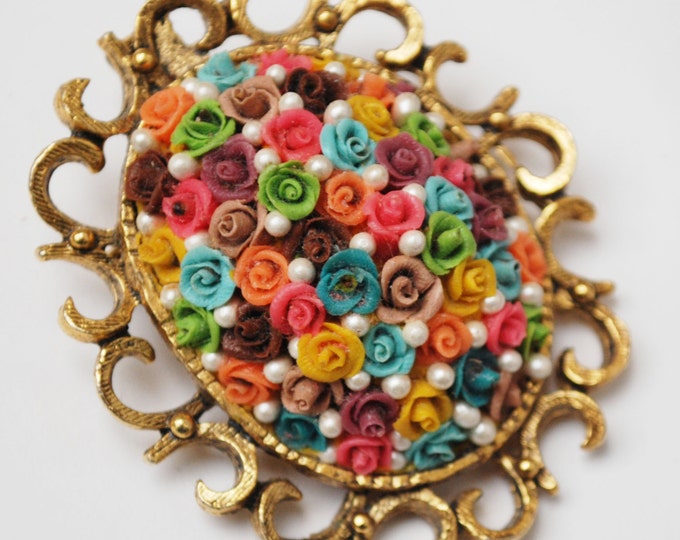 Colorful Flower Brooch Pendant - celluloid plastic flower- domed ceramic - pearl- gold tone