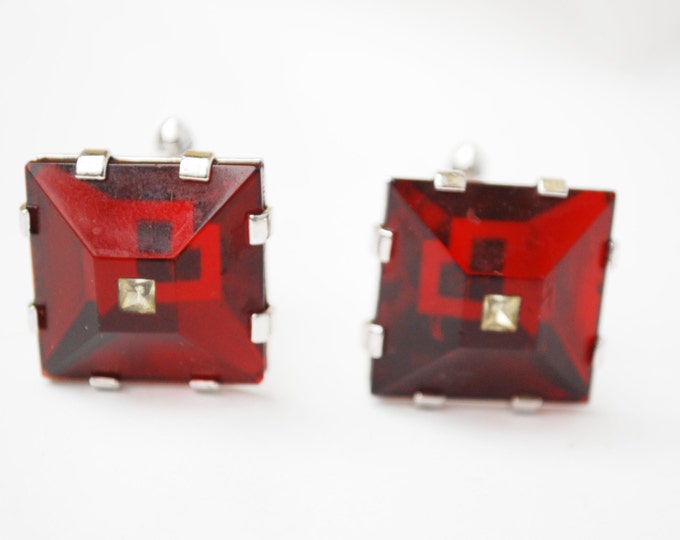 Swank Red Square cuff links, Red glass with clear rhinestone - silver tone - mens cufflinks