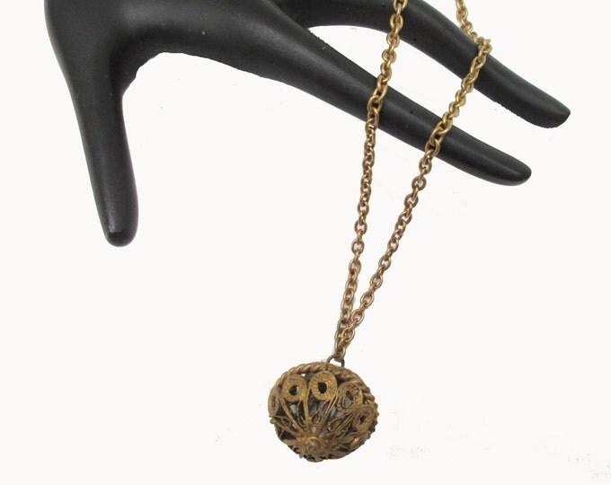Boho Necklace Brass Filigree Ball pendant tribal 24 inch