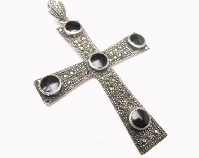 Sterling Cross Pendant - Marcasite - Black Onyx gemstone - Sterling silver Pendant